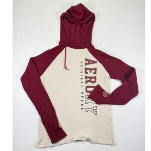 Aeropostale Womens Waffle Knit Hoodie Maroon Cream Raglan Sleeve Graphic Size S